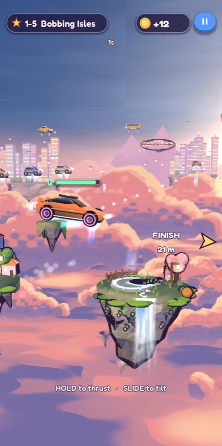 An orange hover car flying between floating islands at sunset