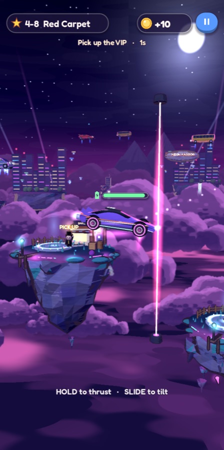A purple supercar flying beside a laser gate in the neon harbour at night