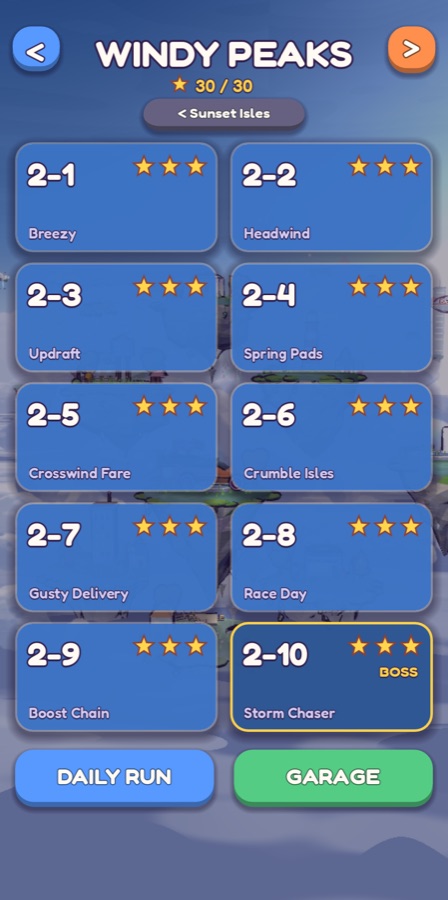The level map of Windy Peaks with three stars on every level